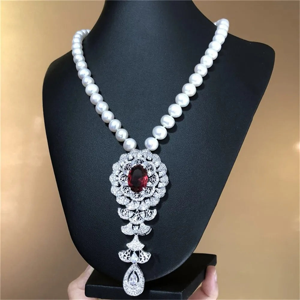 YKNRBPH 2023  Women's  Natural Freshwater Pearl Necklace Blue Zircon Boutique Temperament Sweater Chains