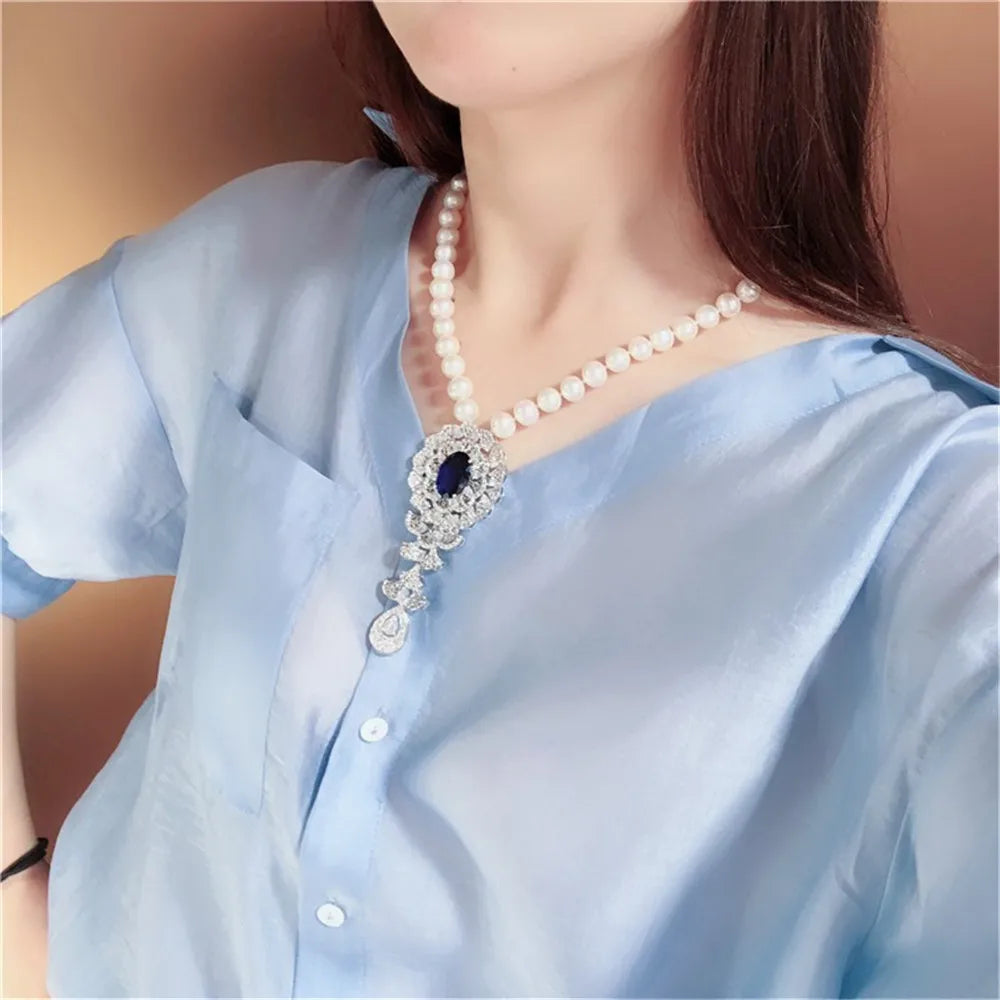 YKNRBPH 2023  Women's  Natural Freshwater Pearl Necklace Blue Zircon Boutique Temperament Sweater Chains