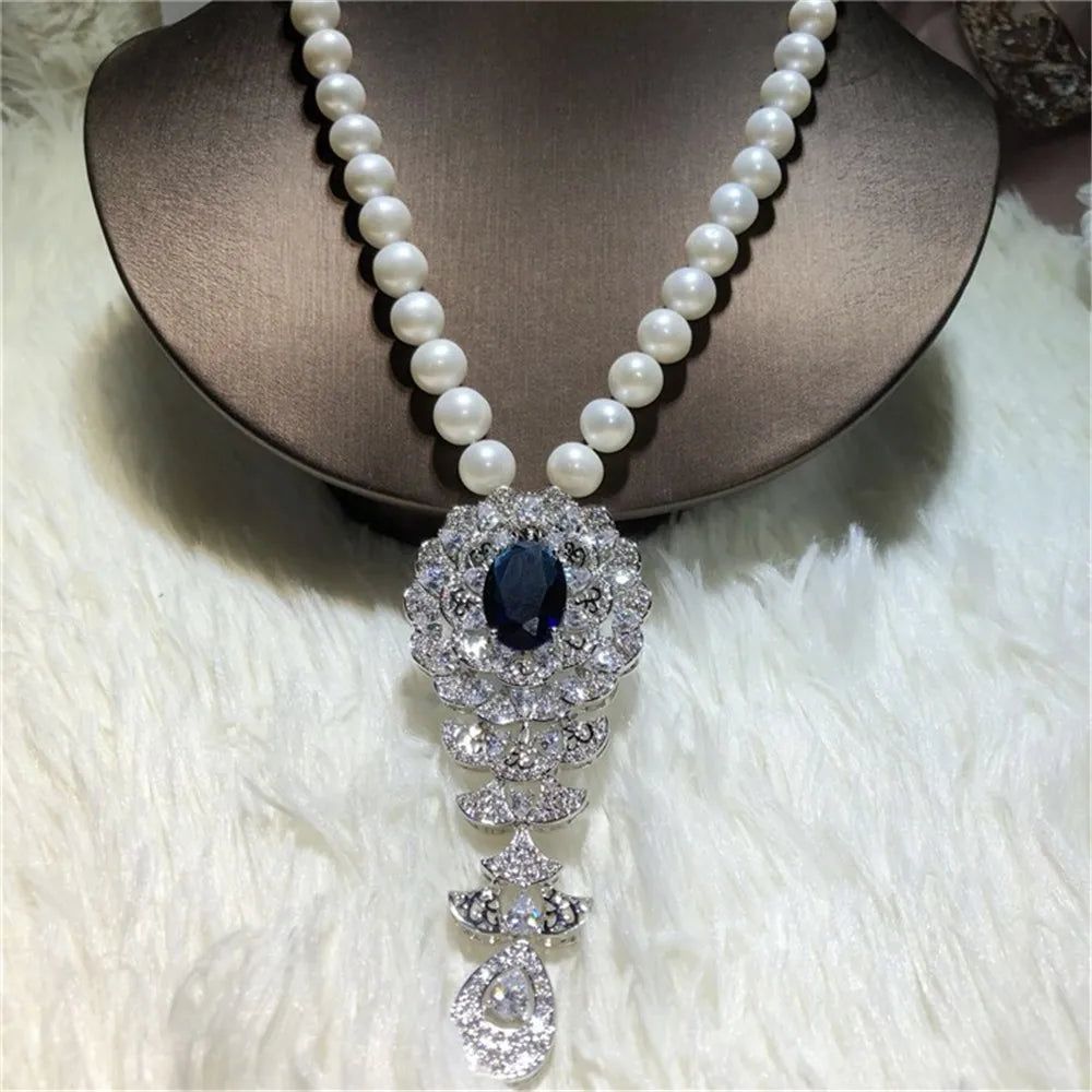 YKNRBPH 2023  Women's  Natural Freshwater Pearl Necklace Blue Zircon Boutique Temperament Sweater Chains