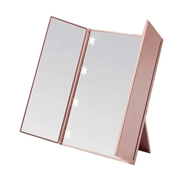 Portable LED Three Sided Makeup Mirror Folding Design Travel Vanity Cosmetic Mirror with Adjustable Stand for On-The-Go Beauty