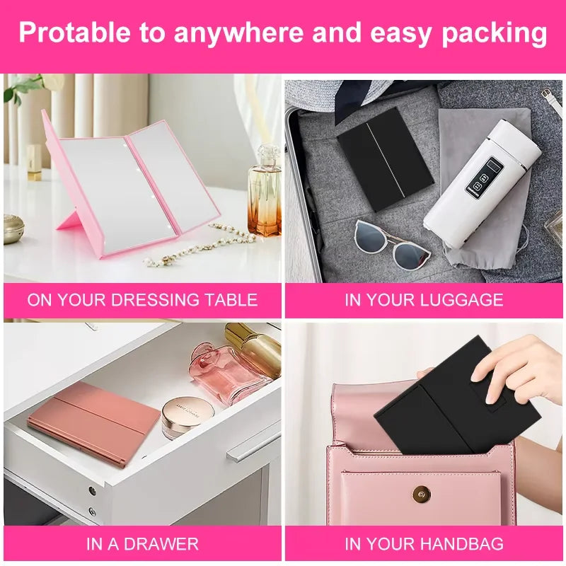 Portable LED Three Sided Makeup Mirror Folding Design Travel Vanity Cosmetic Mirror with Adjustable Stand for On-The-Go Beauty