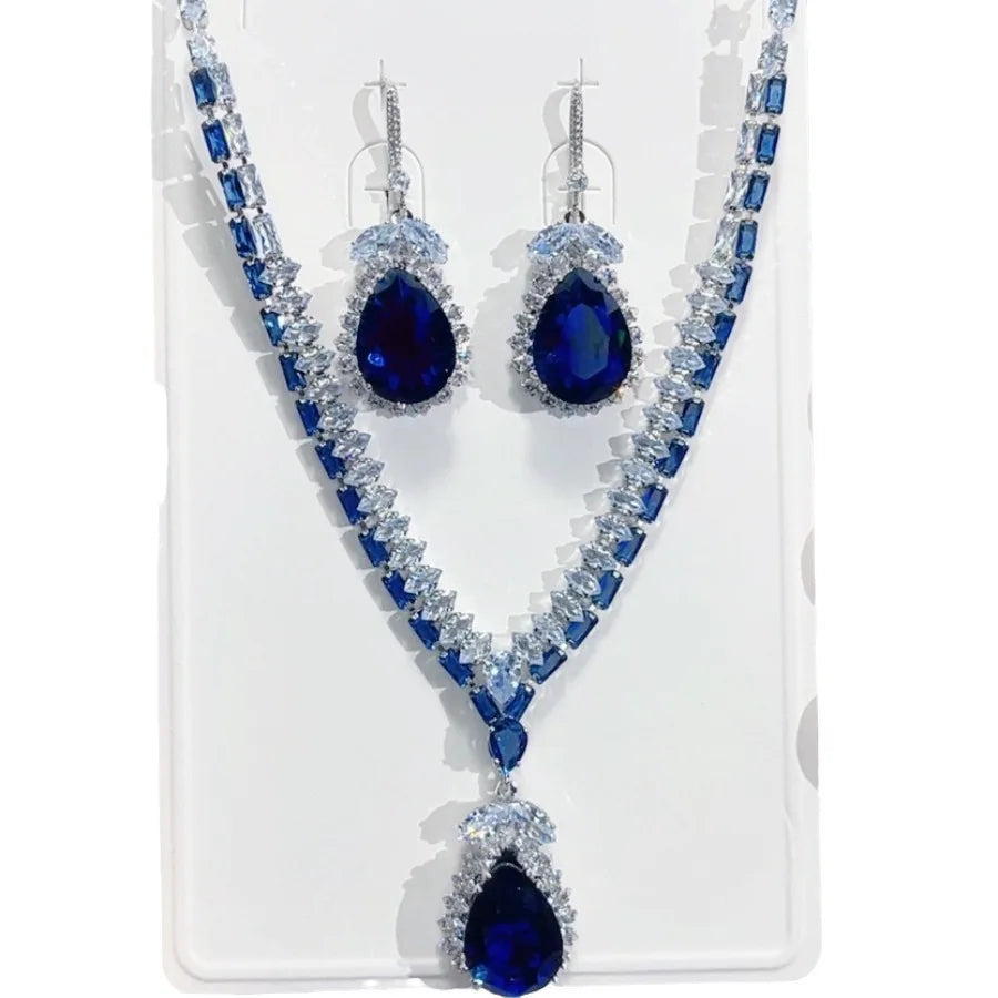 Women Fashion Trend Zircon Luxury Necklace Earrings Blue Drop Set 2025