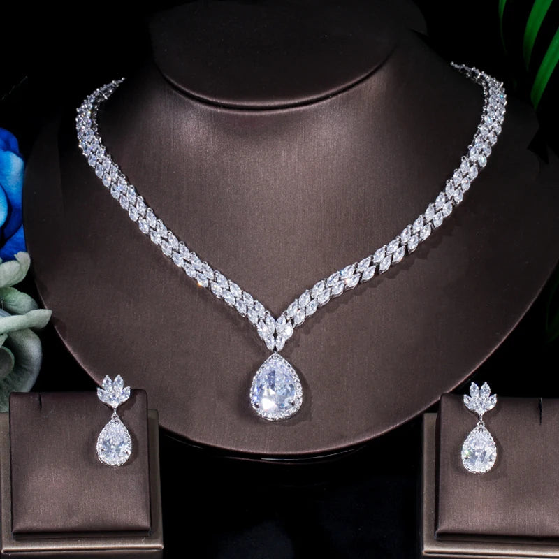 ThreeGraces Classic Marquise Shape Cubic Zirconia Water Drop CZ Necklace Earrings Bridal Engagement Jewelry Set For Women JS188