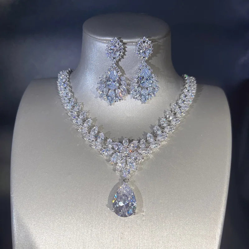 2pcs Luxury Bridal Wedding Necklace Earrings Waterdrop Zircon Jewelry Set for Women Silver Color Bride Party Prom Accessories