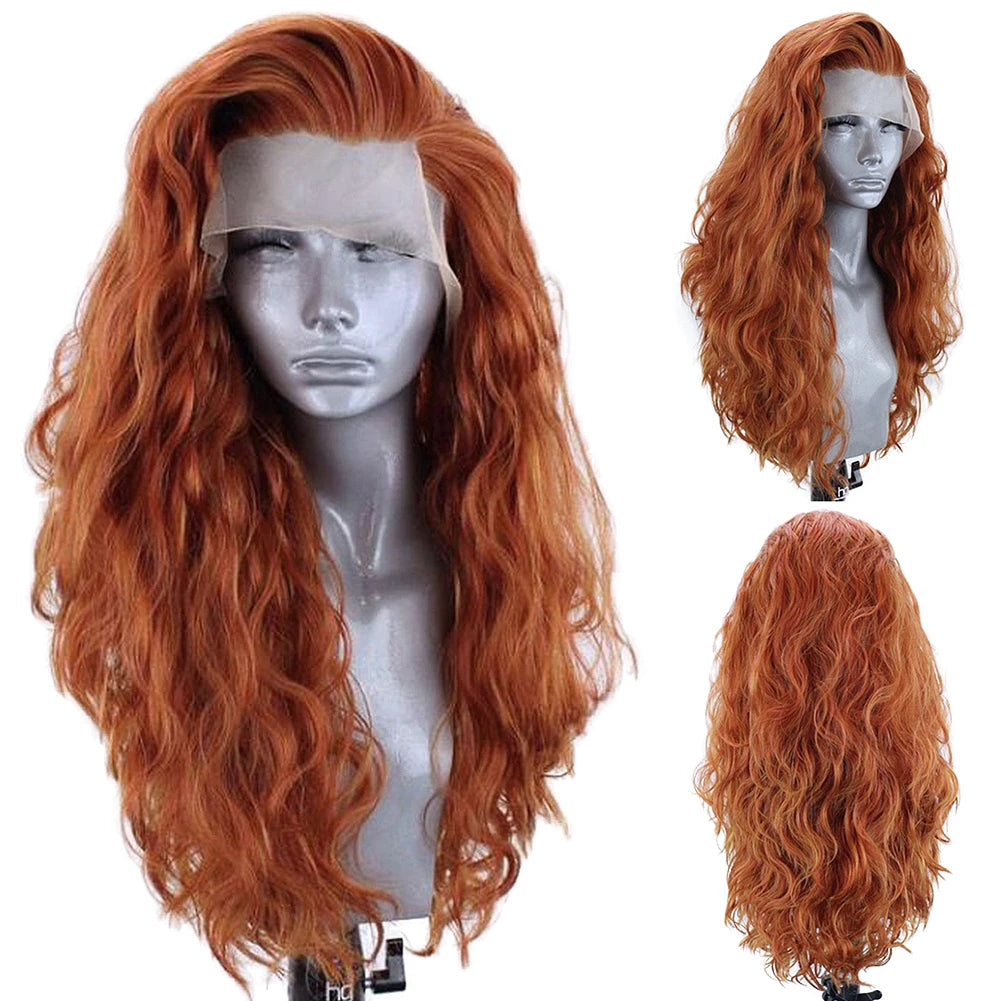 13X4 Ginger Synthetic Lace Front Wig Long Wavy Black Hair Cosplay Lace Wigs for Women Blonde Heat Resistant Fiber Glueless Wig