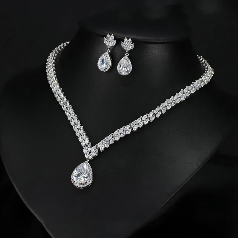 ThreeGraces Classic Marquise Shape Cubic Zirconia Water Drop CZ Necklace Earrings Bridal Engagement Jewelry Set For Women JS188