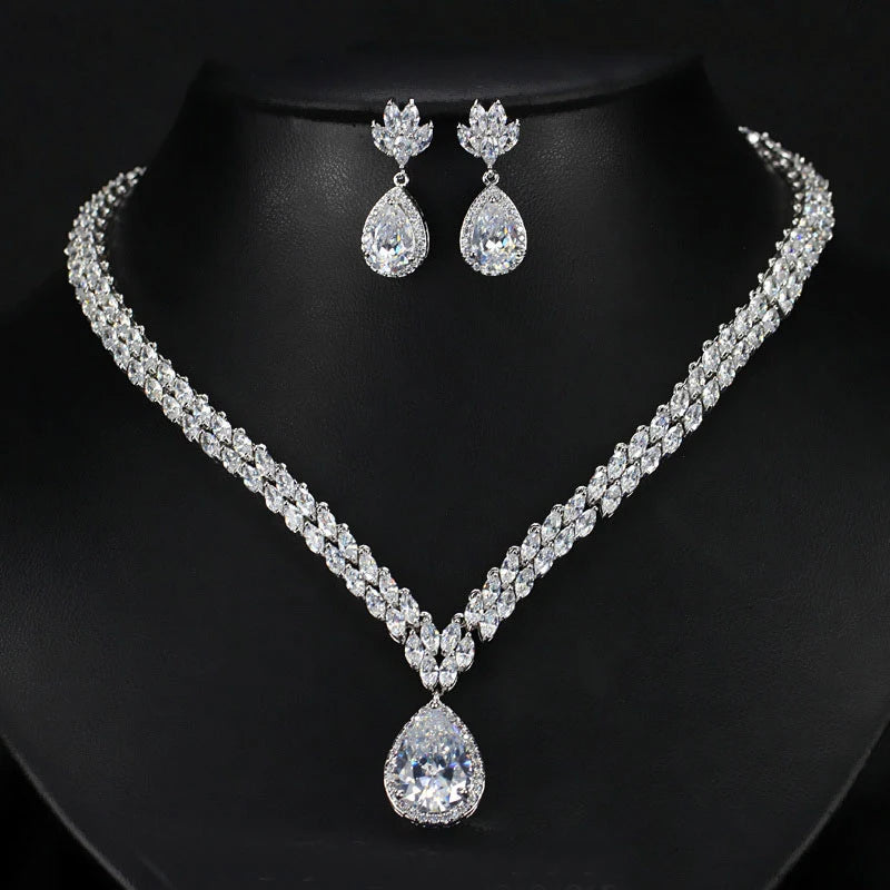 ThreeGraces Classic Marquise Shape Cubic Zirconia Water Drop CZ Necklace Earrings Bridal Engagement Jewelry Set For Women JS188