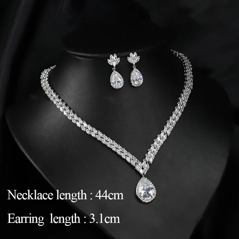 ThreeGraces Classic Marquise Shape Cubic Zirconia Water Drop CZ Necklace Earrings Bridal Engagement Jewelry Set For Women JS188