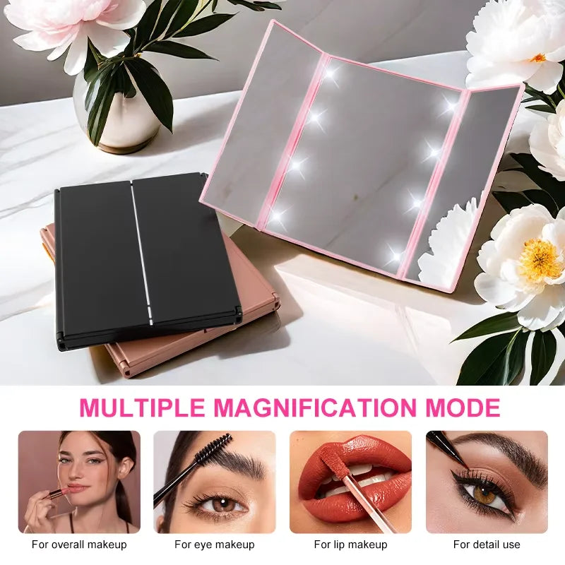 Portable LED Three Sided Makeup Mirror Folding Design Travel Vanity Cosmetic Mirror with Adjustable Stand for On-The-Go Beauty