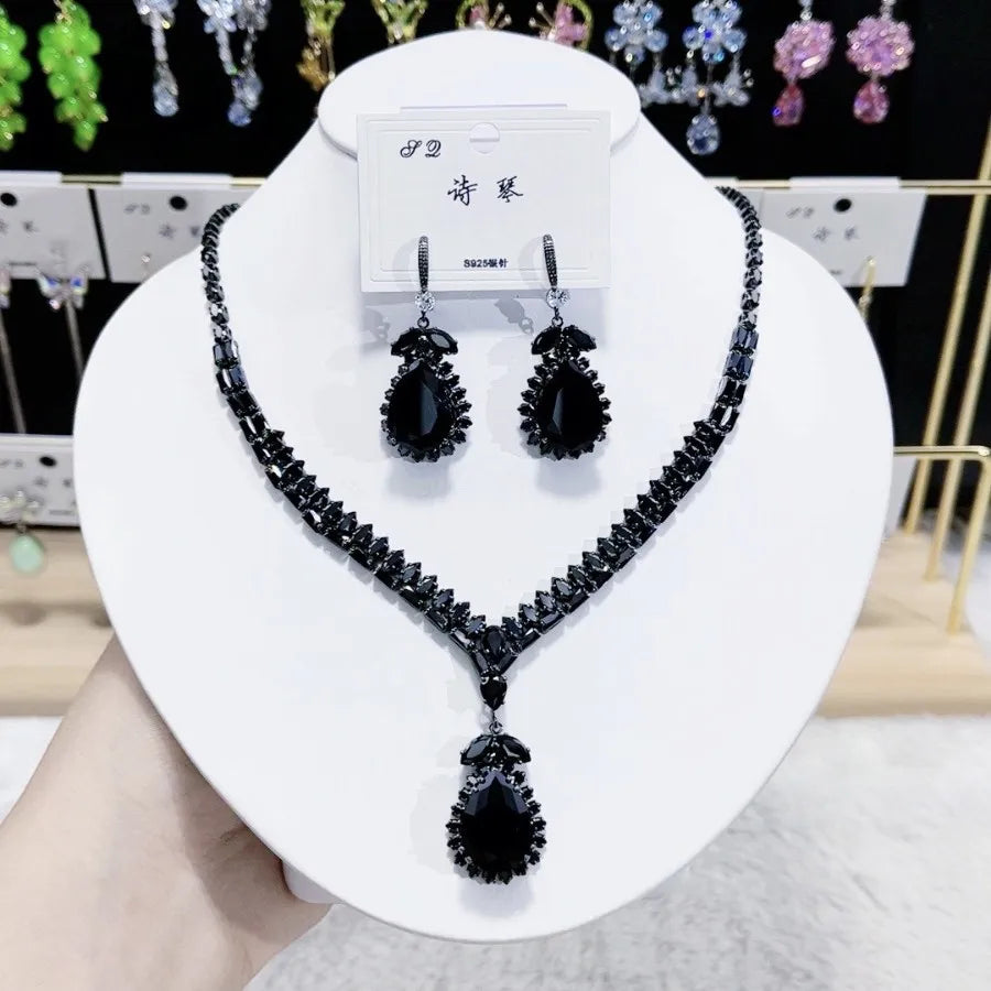 Women Fashion Trend Zircon Luxury Necklace Earrings Blue Drop Set 2025