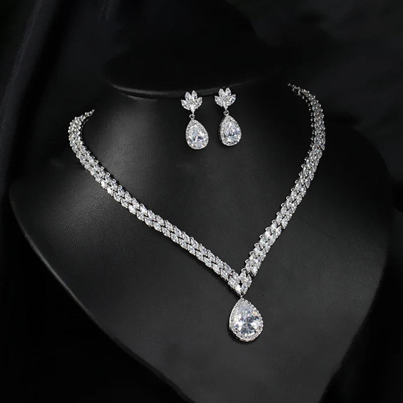 ThreeGraces Classic Marquise Shape Cubic Zirconia Water Drop CZ Necklace Earrings Bridal Engagement Jewelry Set For Women JS188