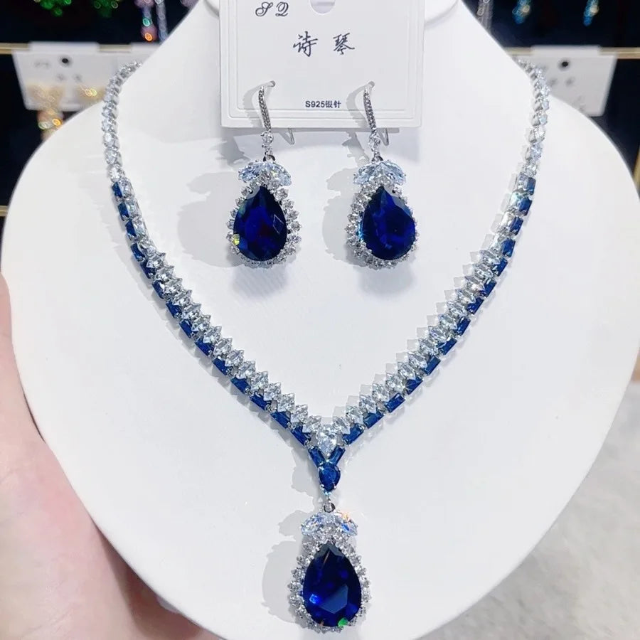 Women Fashion Trend Zircon Luxury Necklace Earrings Blue Drop Set 2025