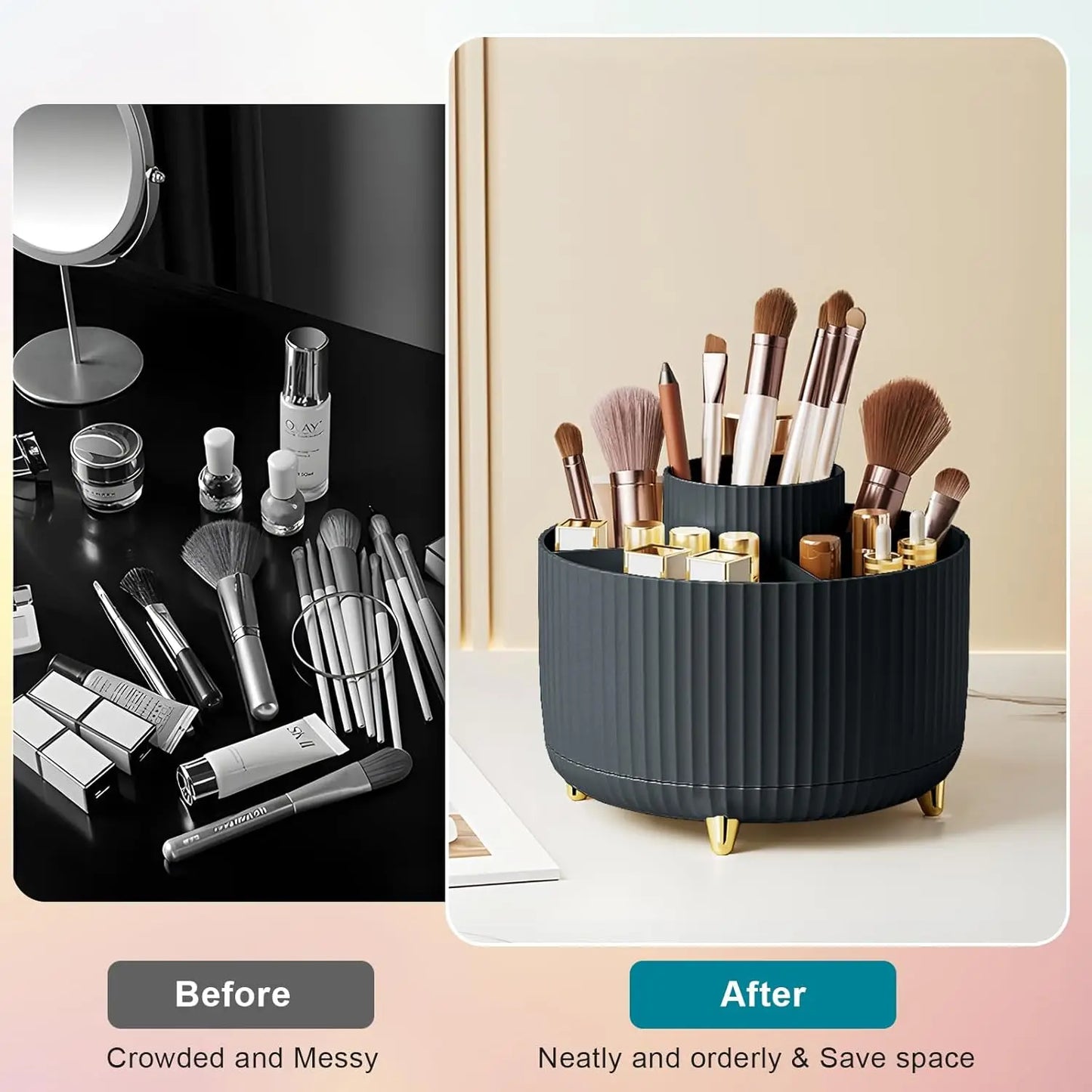 Makeup Brush Holder Organizer 5 Slot 360° Rotating Makeup Brushes Desktop Storage Organizers for Vanity Desktop Bathroom Office