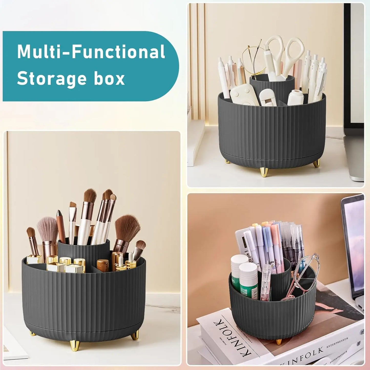 Makeup Brush Holder Organizer 5 Slot 360° Rotating Makeup Brushes Desktop Storage Organizers for Vanity Desktop Bathroom Office